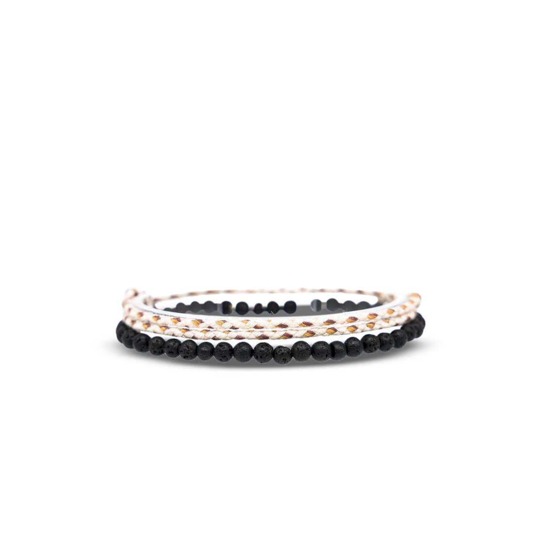 2x Boho Surfer Bracelet Men - Cotton Beige + Lava Beads