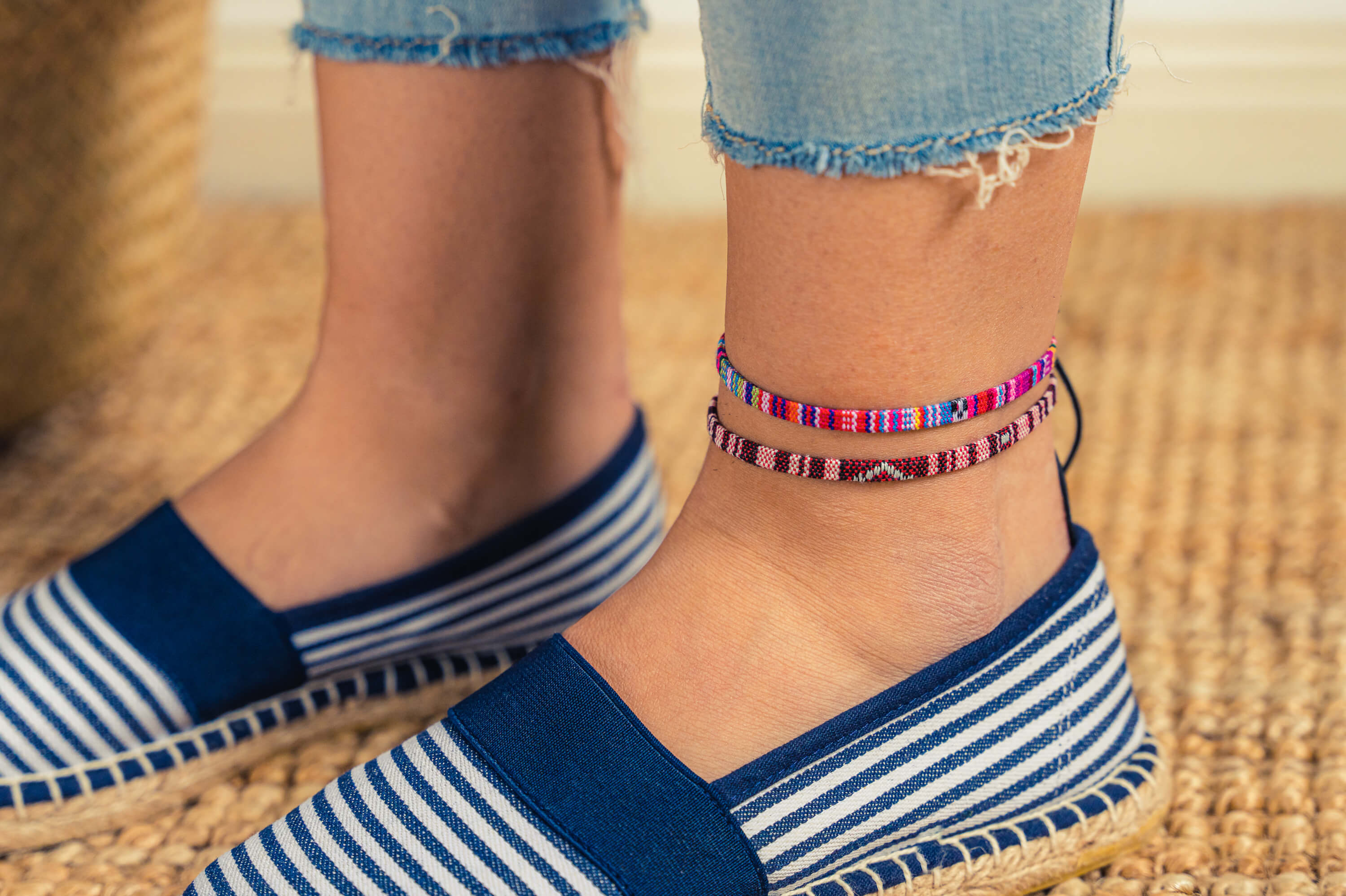 2x Boho Surfer Anklet - Ruby Red + Pink