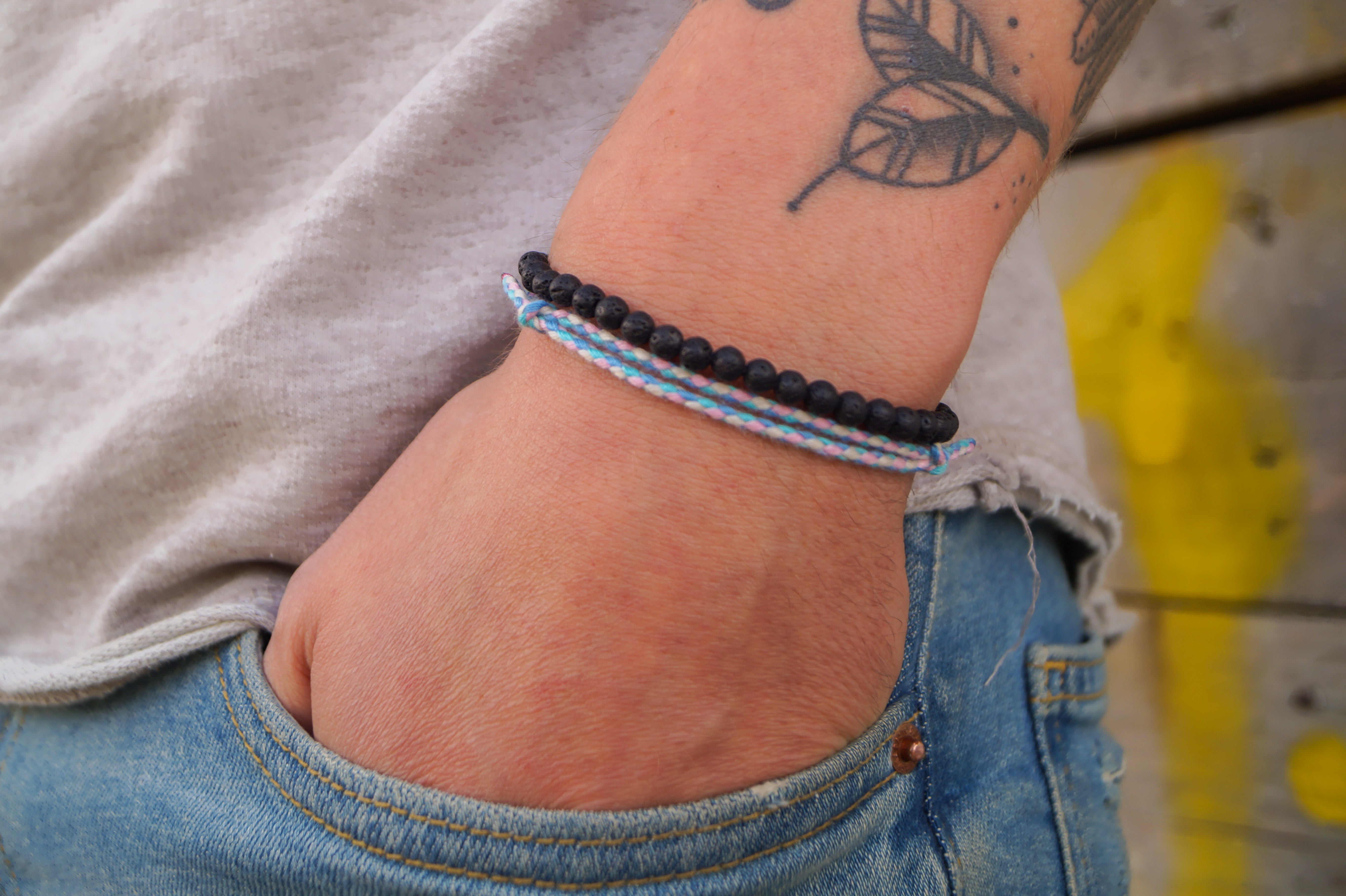 2x Boho Surfer Bracelet Men - Cotton Blue + Lava Beads