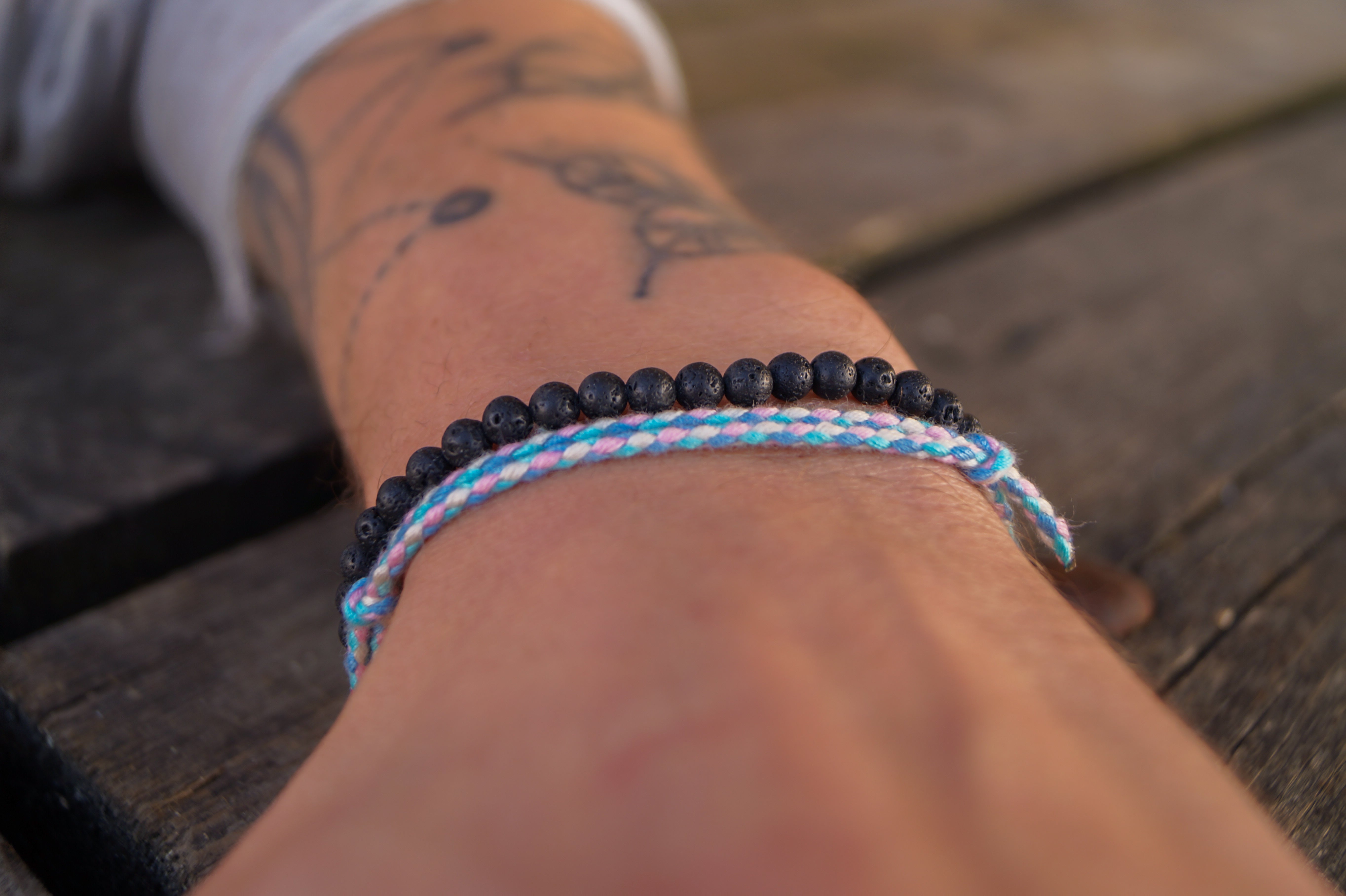 2x Boho Surfer Bracelet Men - Cotton Blue + Lava Beads