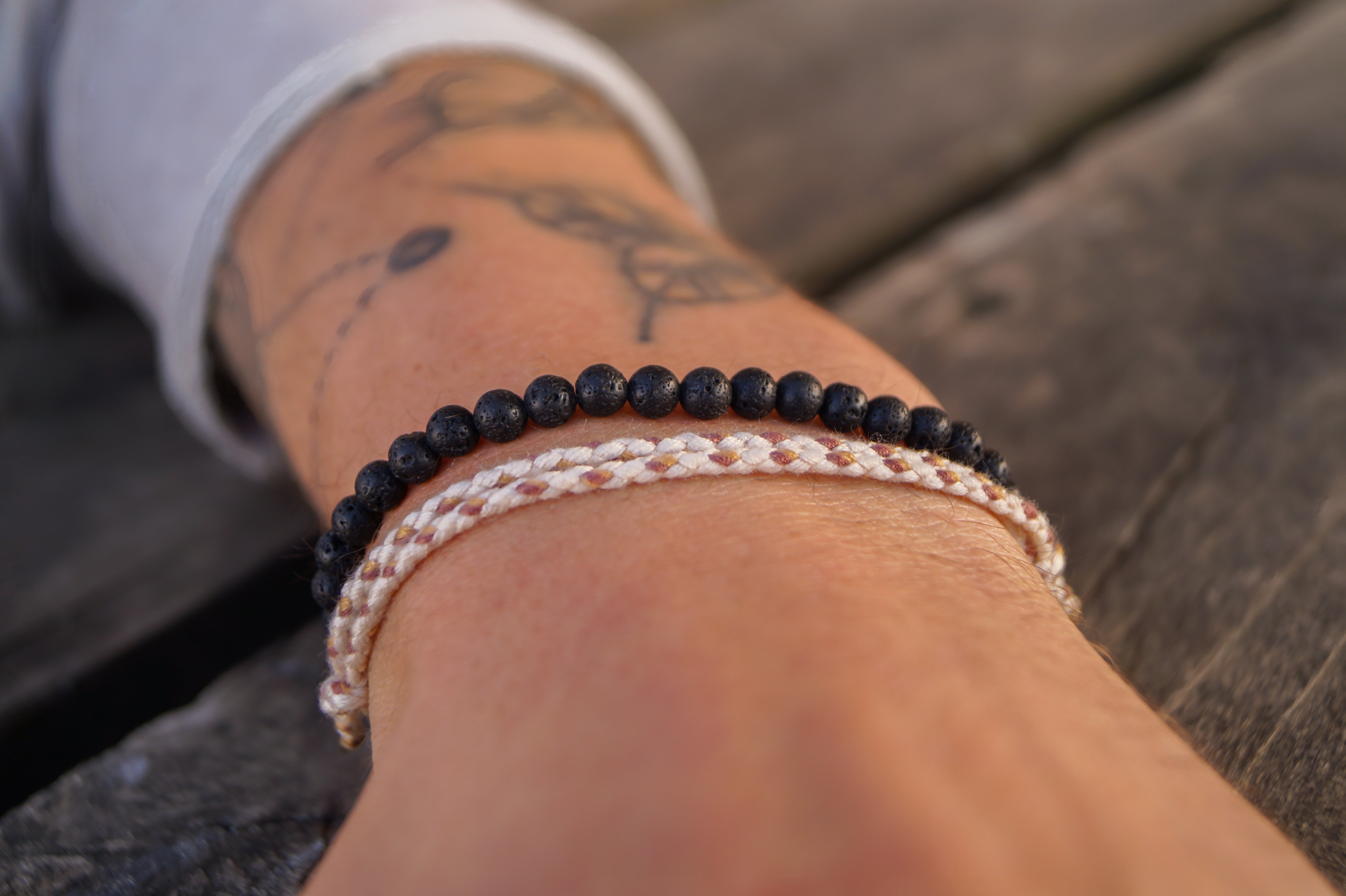 2x Boho Surfer Bracelet Men - Cotton Beige + Lava Beads