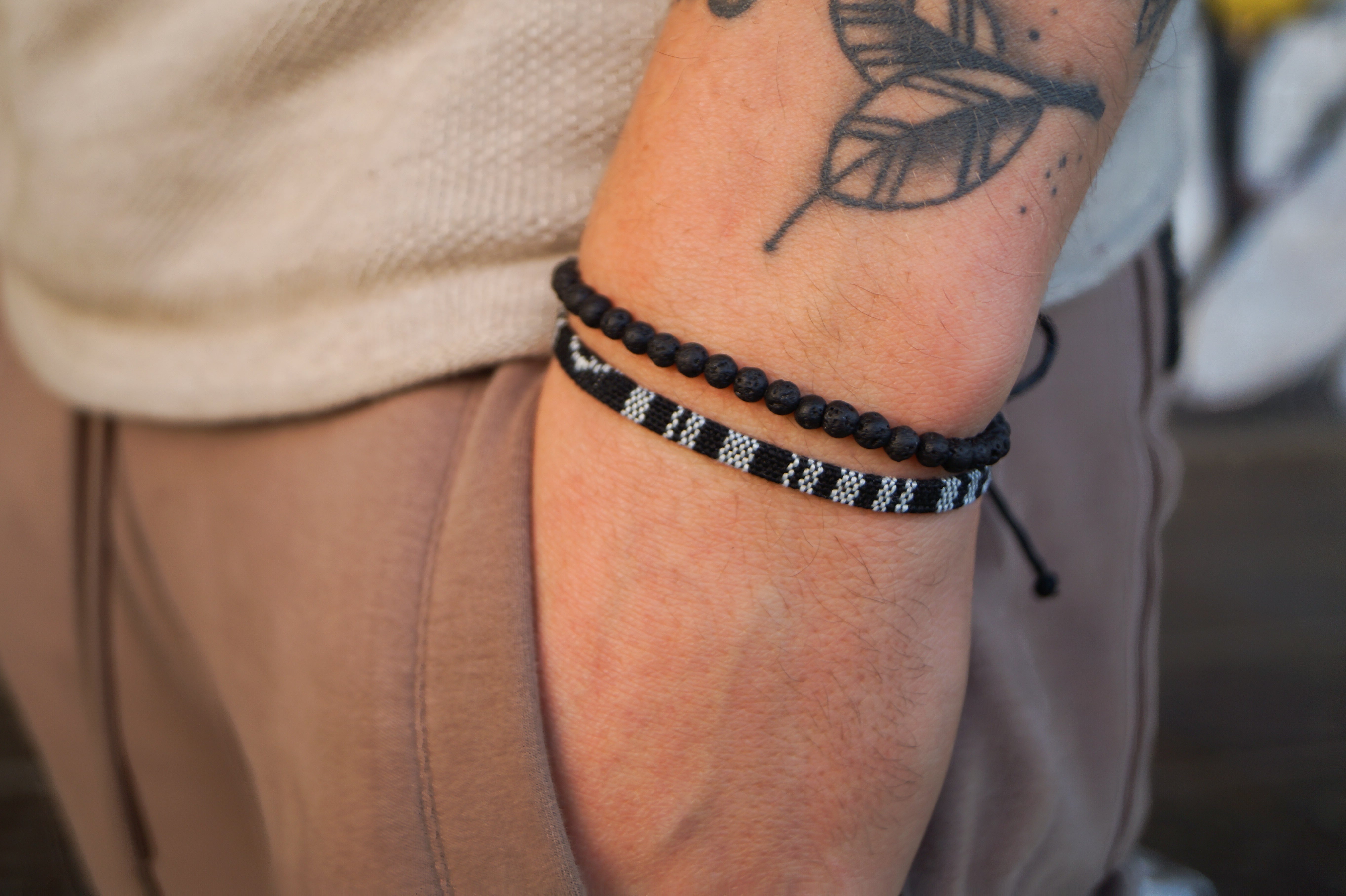 2x Boho Surfer Bracelet Men - Black + Lava Beads