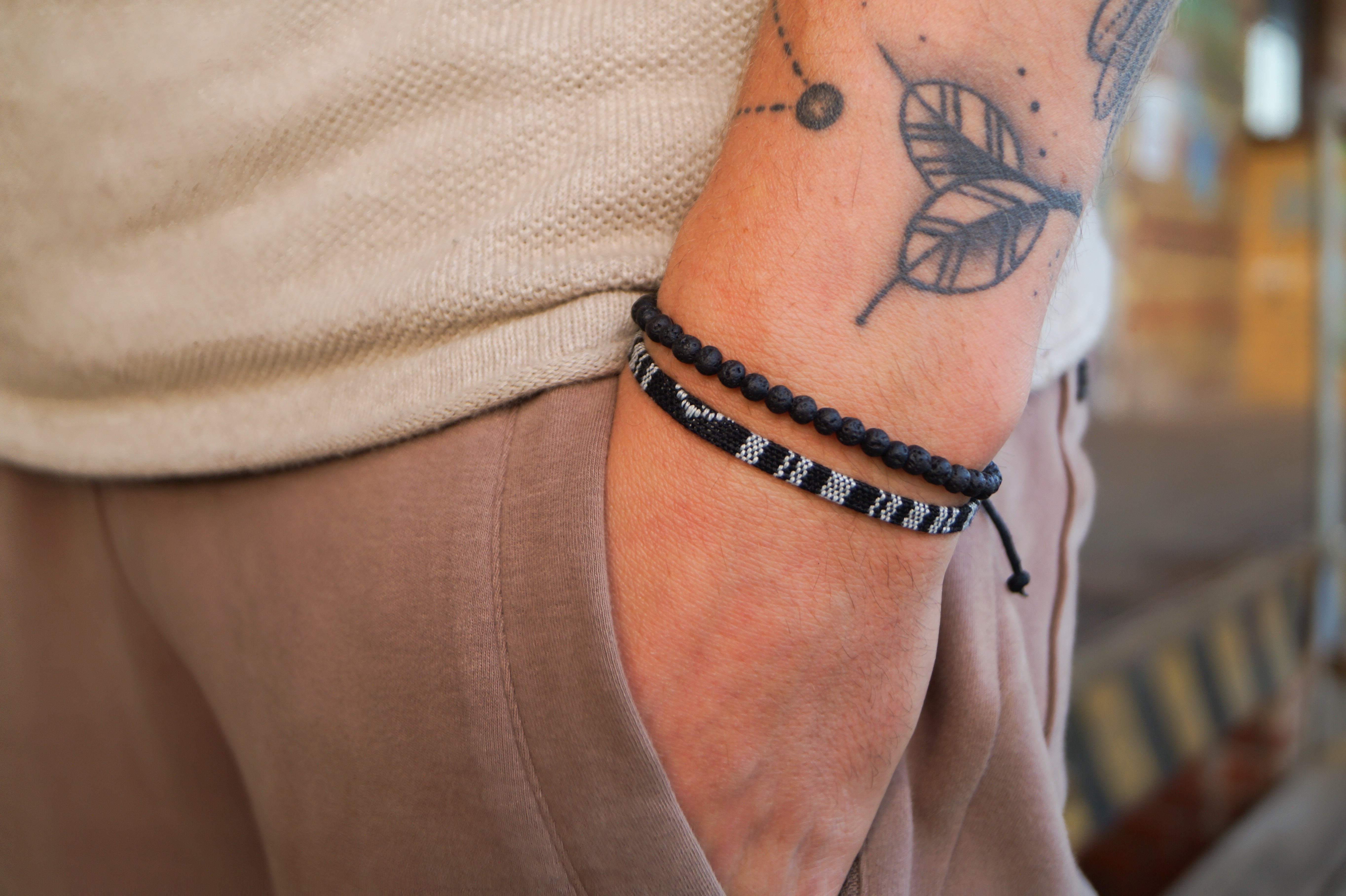 2x Boho Surfer Bracelet Men - Black + Lava Beads