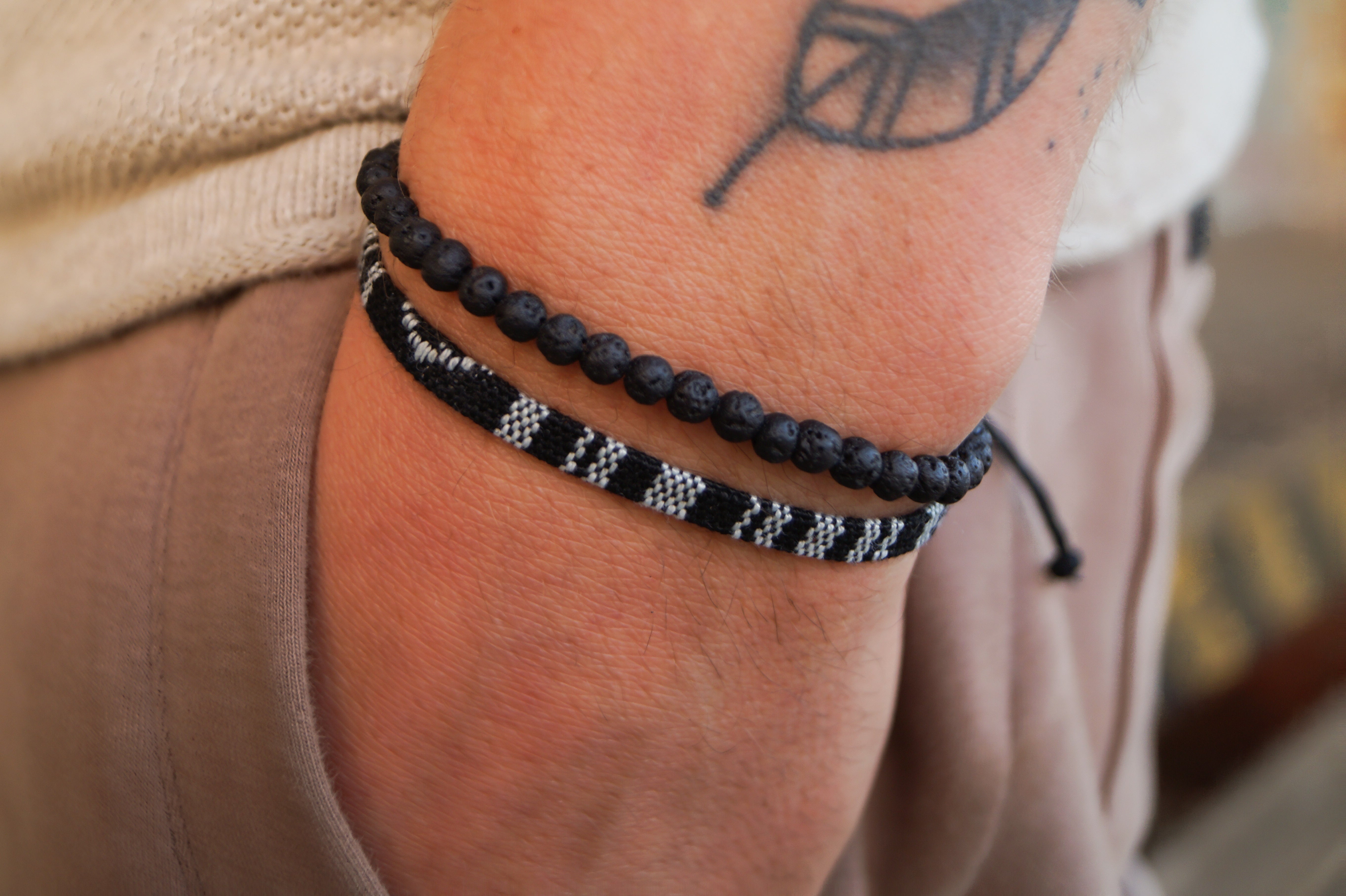 2x Boho Surfer Bracelet Men - Black + Lava Beads
