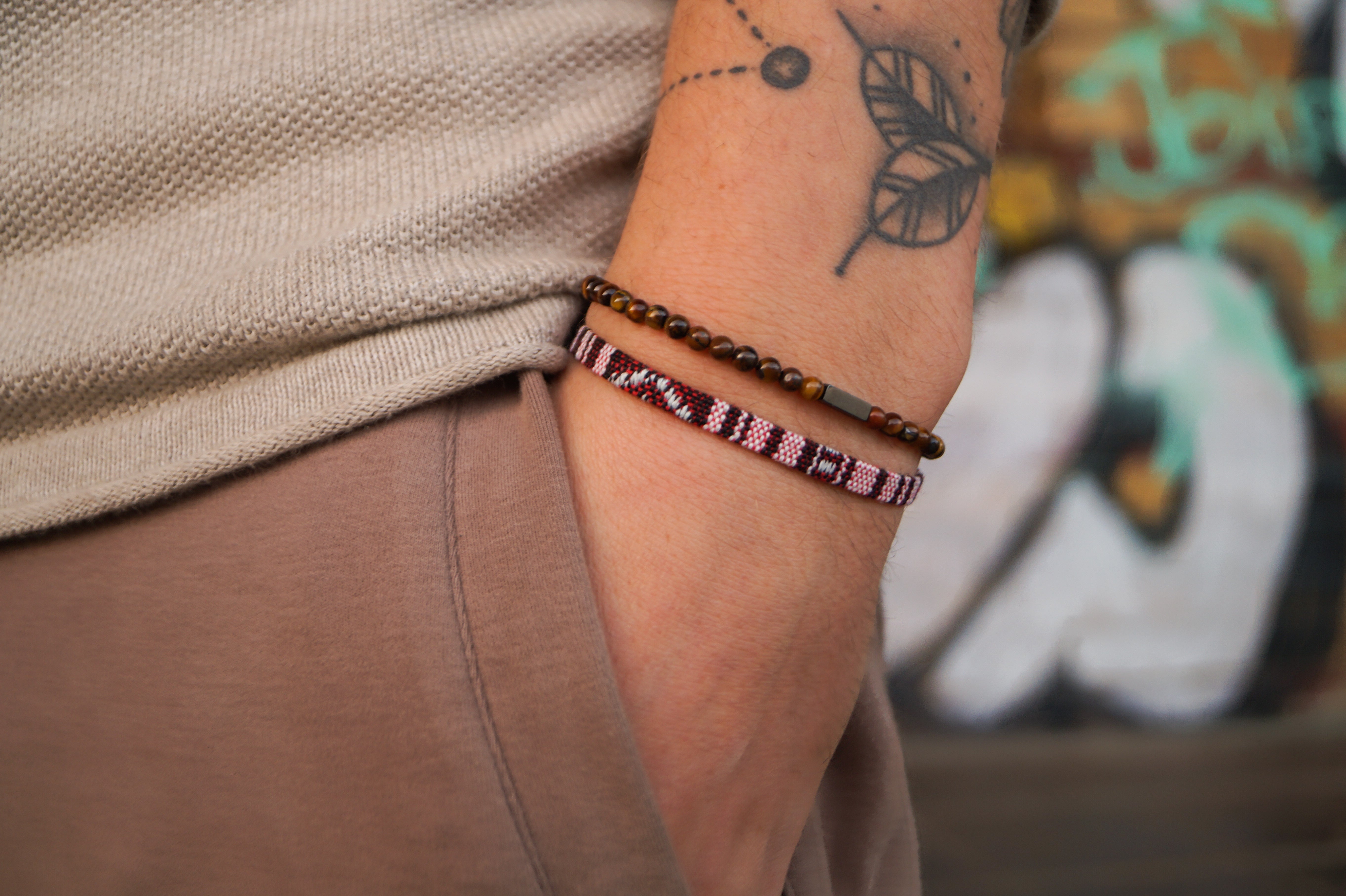 2x Boho Surfer Bracelet Men - Ruby Red + Tigereyes